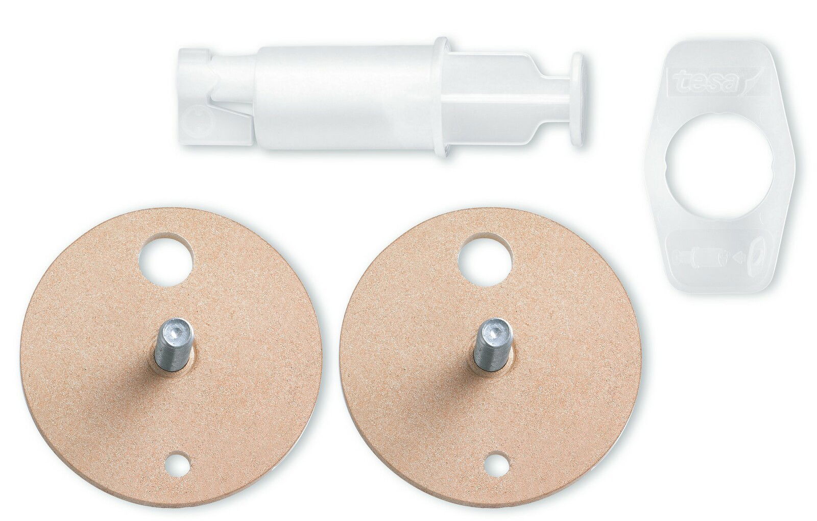 Tesa Befestigungsadapter BK43 Draufsicht auf den tesa Befestigungsadapter BK43 mit zwei runden Befestigungsscheiben, einem weißen Applikator und einem transparenten Kunststoffteil.