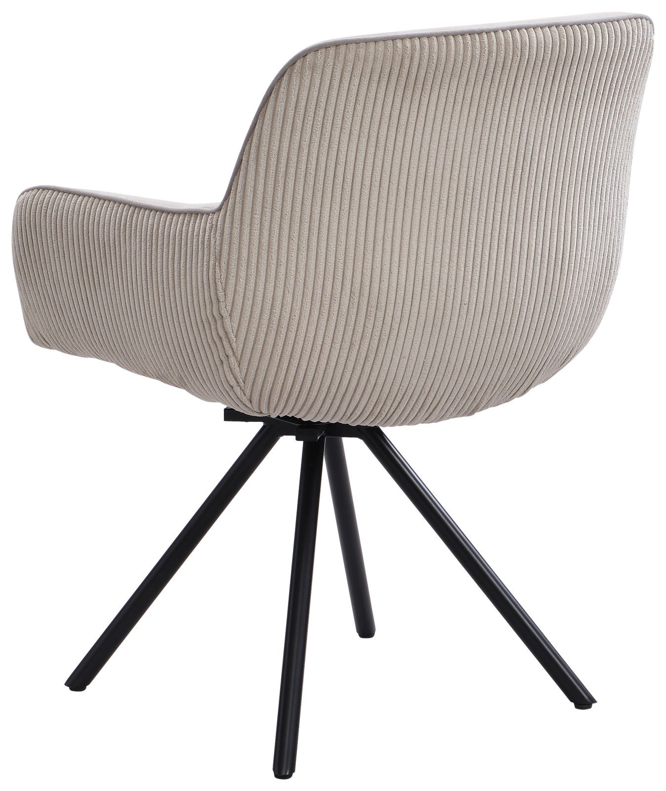 Rückansicht eines Armlehnstuhls mit beigem, geripptem Stoffbezug und schwarzen Metallbeinen.
