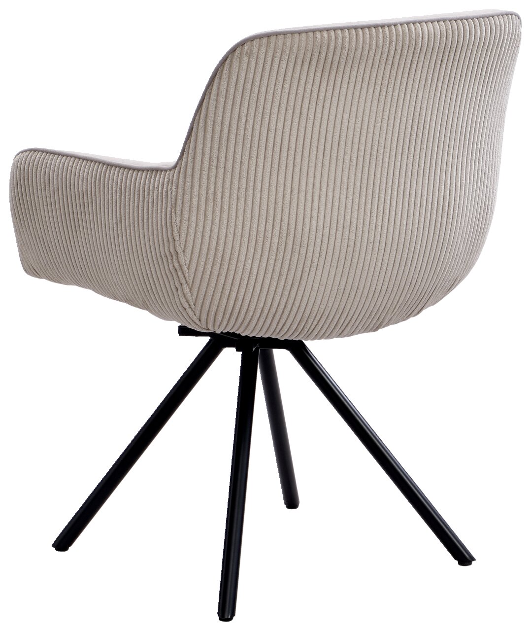 Z2 Armlehnstuhl MARTEN Rückansicht eines Armlehnstuhls mit beigem, geripptem Stoffbezug und schwarzen Metallbeinen.