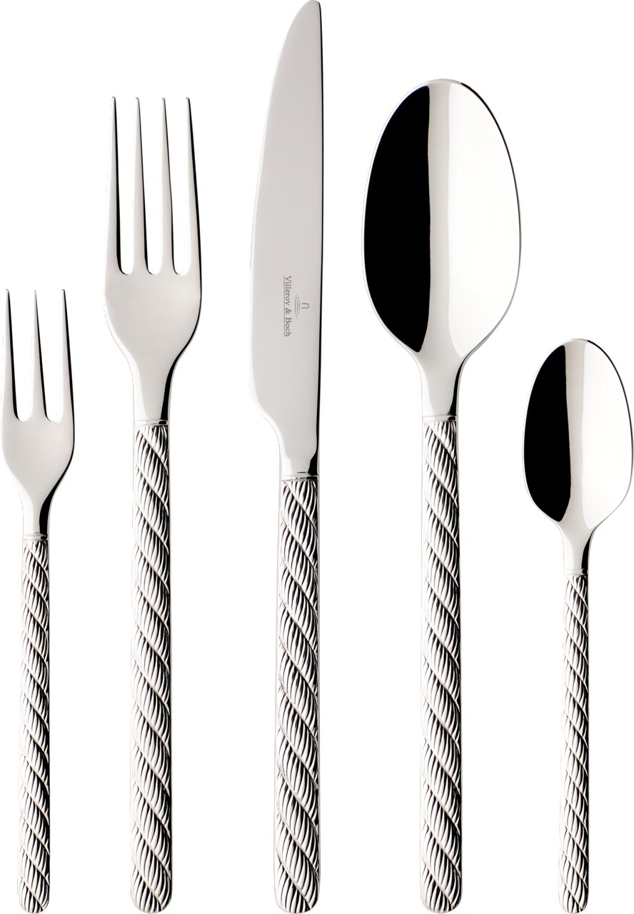 Besteckset mit fünf Teilen, bestehend aus Gabel, Messer, Esslöffel, Teelöffel und Kuchengabel, mit gedrehtem Griffdesign, frontal abgebildet.