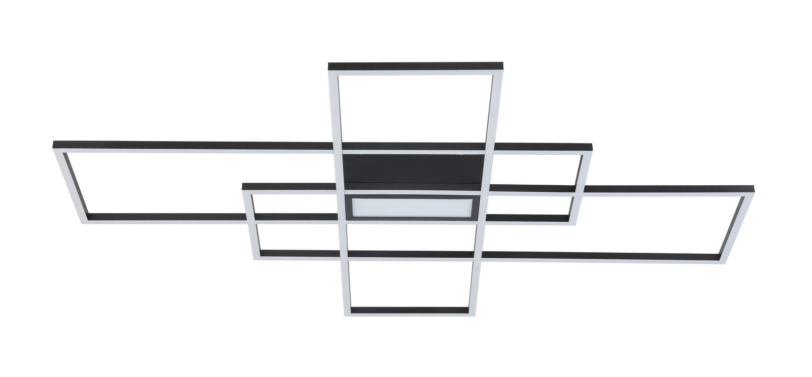 Moderne LED-Deckenleuchte mit geometrischem Design, von unten betrachtet.