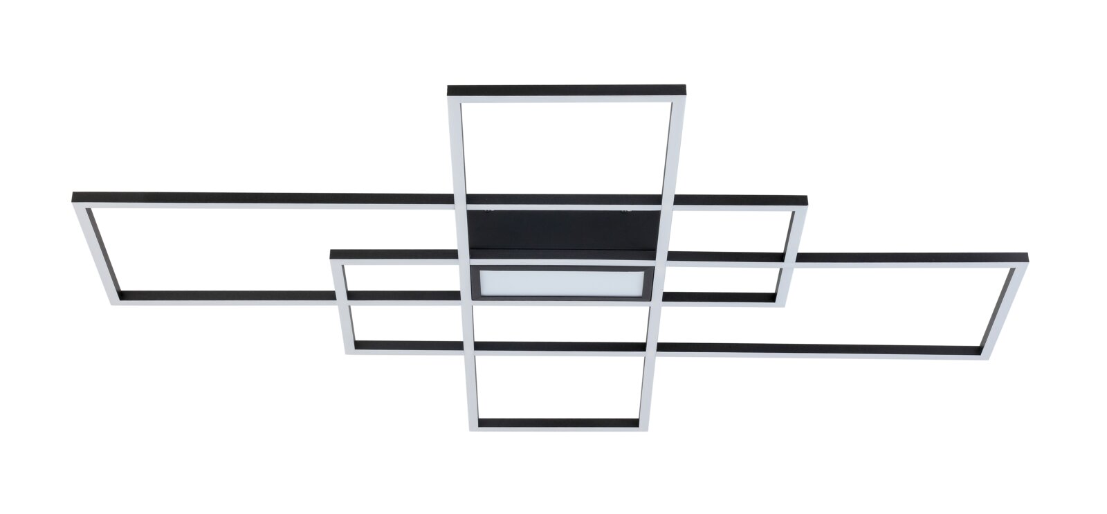 Moderne led-plafondlamp met een geometrisch ontwerp, gezien van onderaf.
