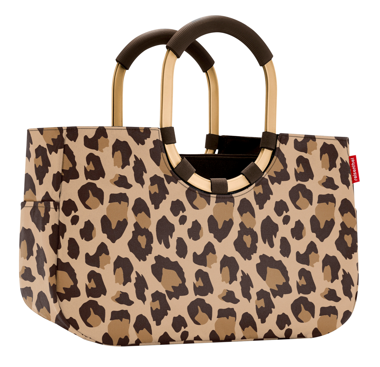 Leopardenmuster-Tasche mit runden Griffen, seitliche Perspektive