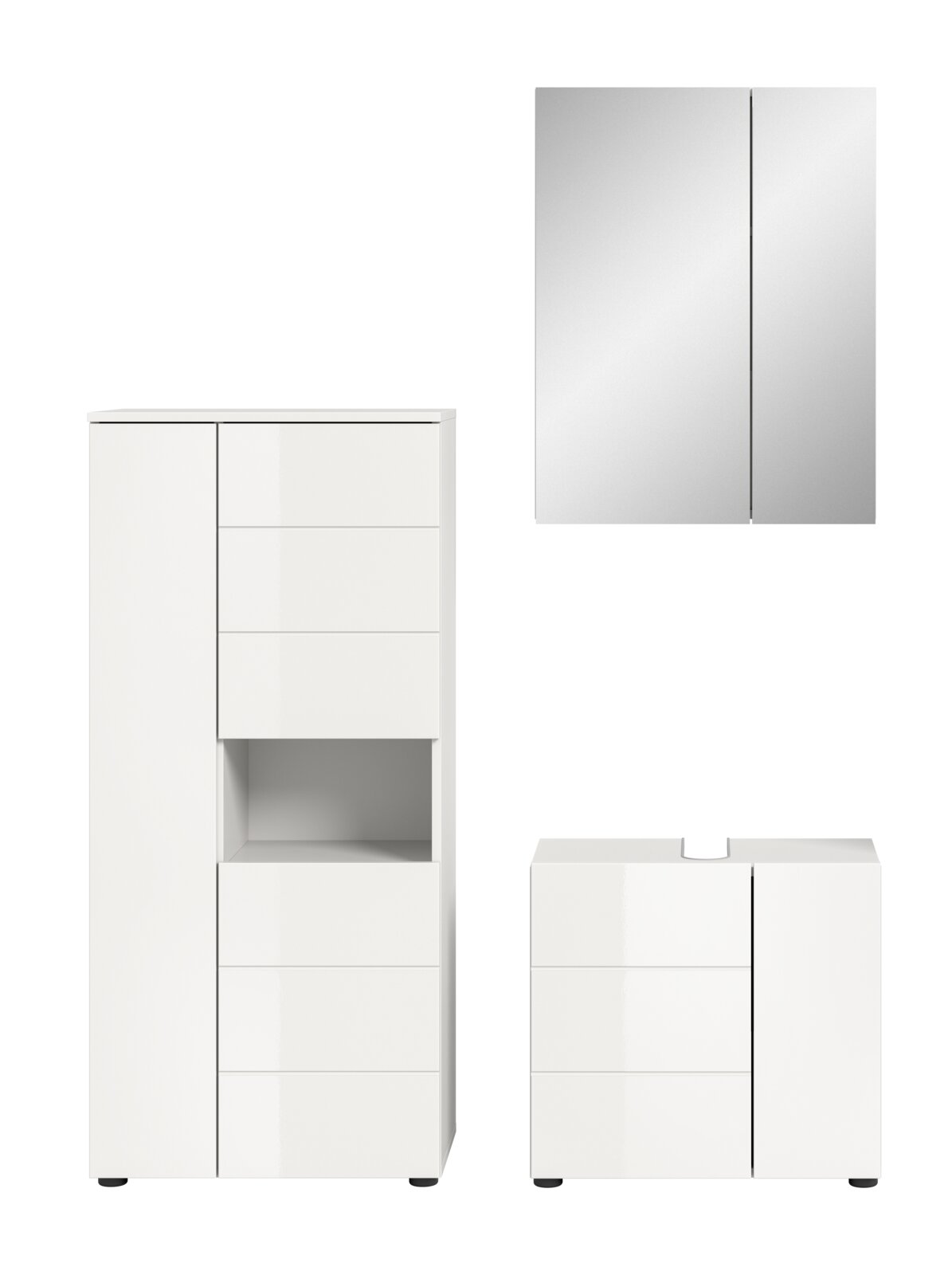 Moderne Badkombination in Weiß, bestehend aus einem hohen Schrank mit offenen und geschlossenen Fächern, einem Spiegelschrank und einem Unterschrank mit Schubladen, frontal abgebildet.