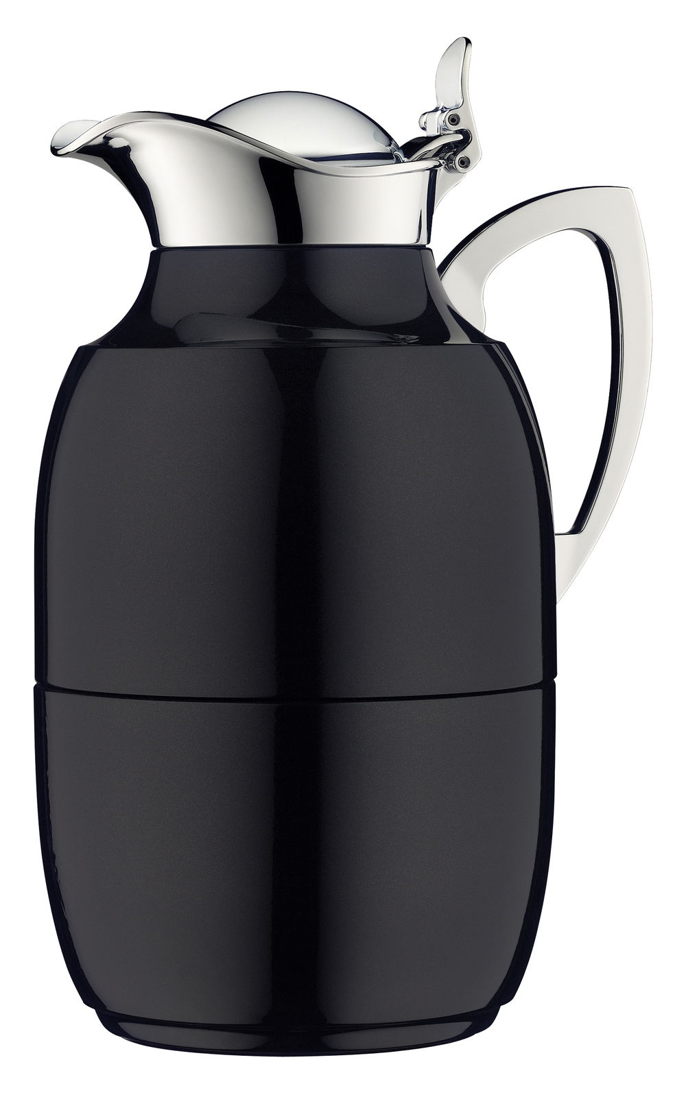 Schwarze Isolierkanne Juwel mit glänzendem Deckel und Griff, seitliche Perspektive