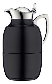 Schwarze Isolierkanne Juwel mit glänzendem Deckel und Griff, seitliche Perspektive