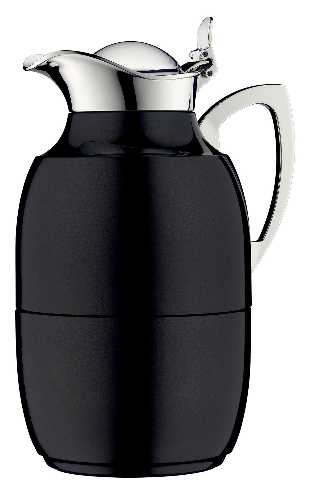 Schwarze Isolierkanne Juwel mit glänzendem Deckel und Griff, seitliche Perspektive