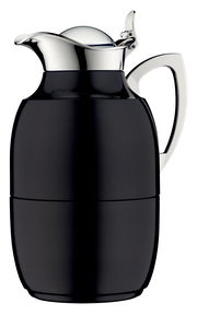 Schwarze Isolierkanne Juwel mit glänzendem Deckel und Griff, seitliche Perspektive