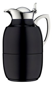 Schwarze Isolierkanne Juwel mit glänzendem Deckel und Griff, seitliche Perspektive