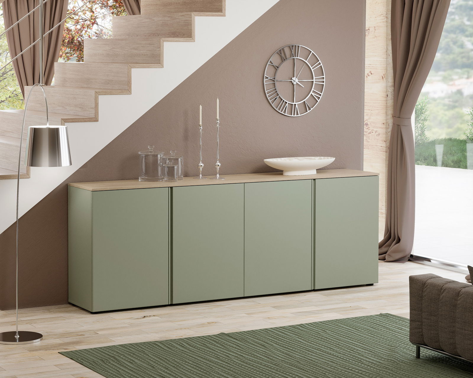 Voleo XL-Sideboard XL-Sideboard in modernem Design, grüne Fronten mit Holzoberfläche, seitliche Perspektive unter einer Treppe platziert.