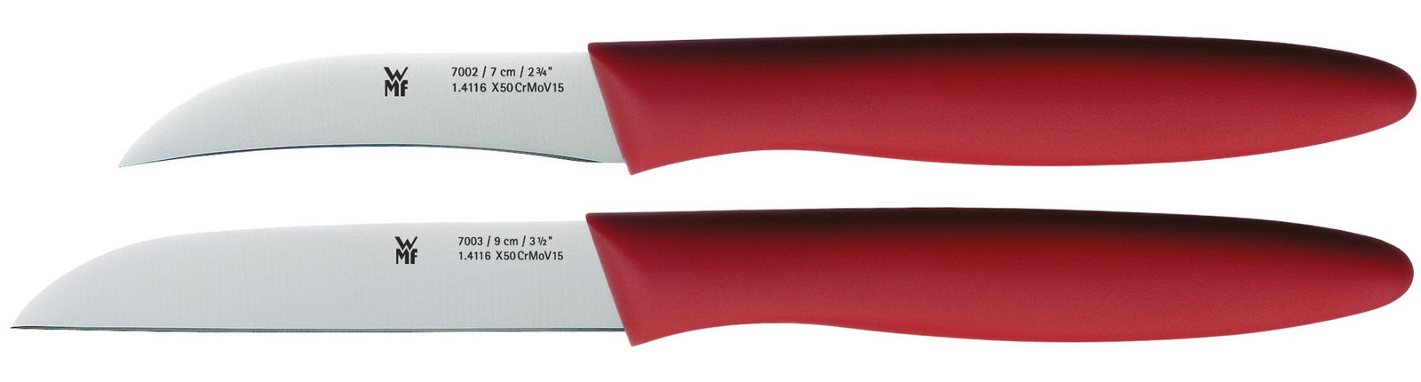 WMF Aktionsmesser-Set 2tlg. Zweiteiliges Aktionsmesser-Set mit roten Griffen, bestehend aus einem 7 cm und einem 9 cm Messer, seitliche Ansicht.