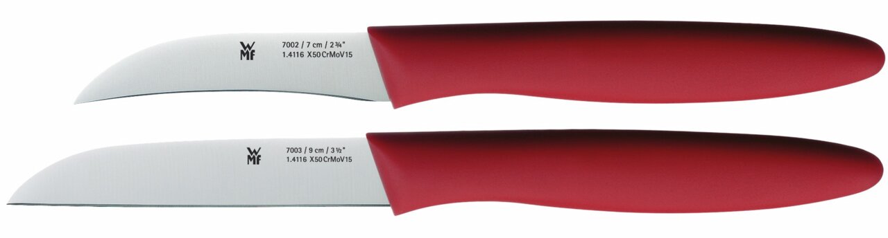 Zweiteiliges Aktionsmesser-Set mit roten Griffen, bestehend aus einem 7 cm und einem 9 cm Messer, seitliche Ansicht.
