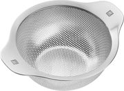 Edelstahl-Sieb, 16 cm, von oben betrachtet, mit feinen Löchern und zwei Griffen.