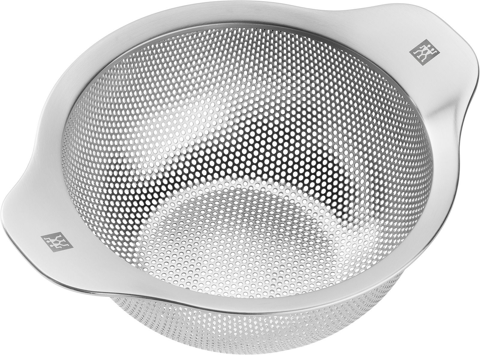 Edelstahl-Sieb, 16 cm, von oben betrachtet, mit feinen Löchern und zwei Griffen.