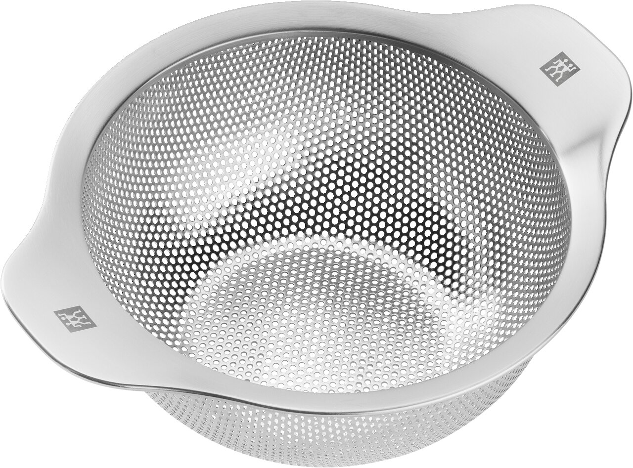 Edelstahl-Sieb, 16 cm, von oben betrachtet, mit feinen Löchern und zwei Griffen.