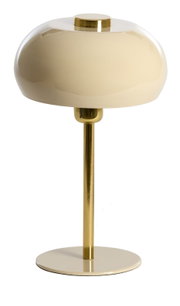 Elegante Tischleuchte mit rundem, cremefarbenem Schirm und goldfarbenem Standfuß, frontal abgebildet.