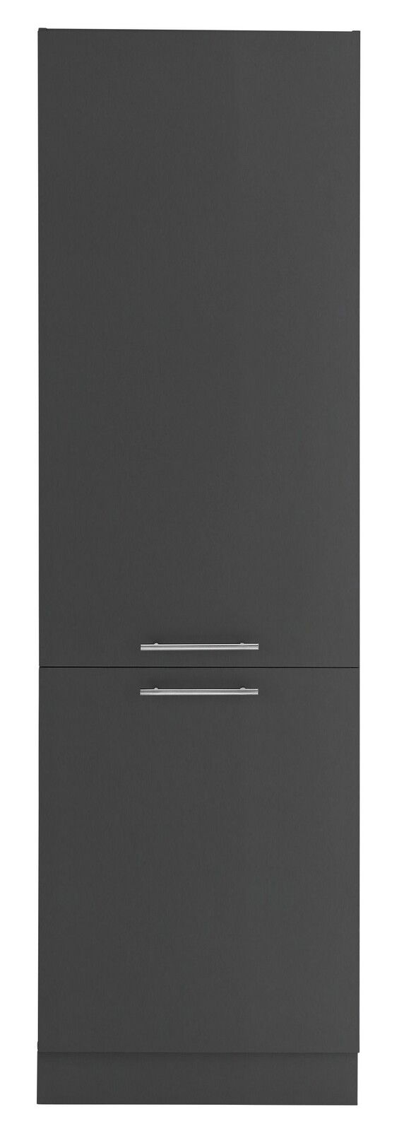 Frontansicht eines grauen Kühlschrankumbauschranks mit zwei Griffen.