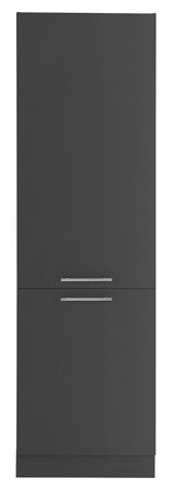 Frontansicht eines grauen Kühlschrankumbauschranks mit zwei Griffen.