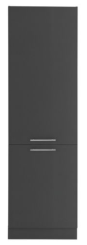 Frontansicht eines grauen Kühlschrankumbauschranks mit zwei Griffen.