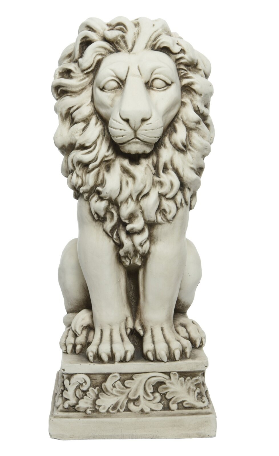 Dekorative Löwenstatue in Steinoptik auf ornamental verziertem Sockel, frontale Ansicht