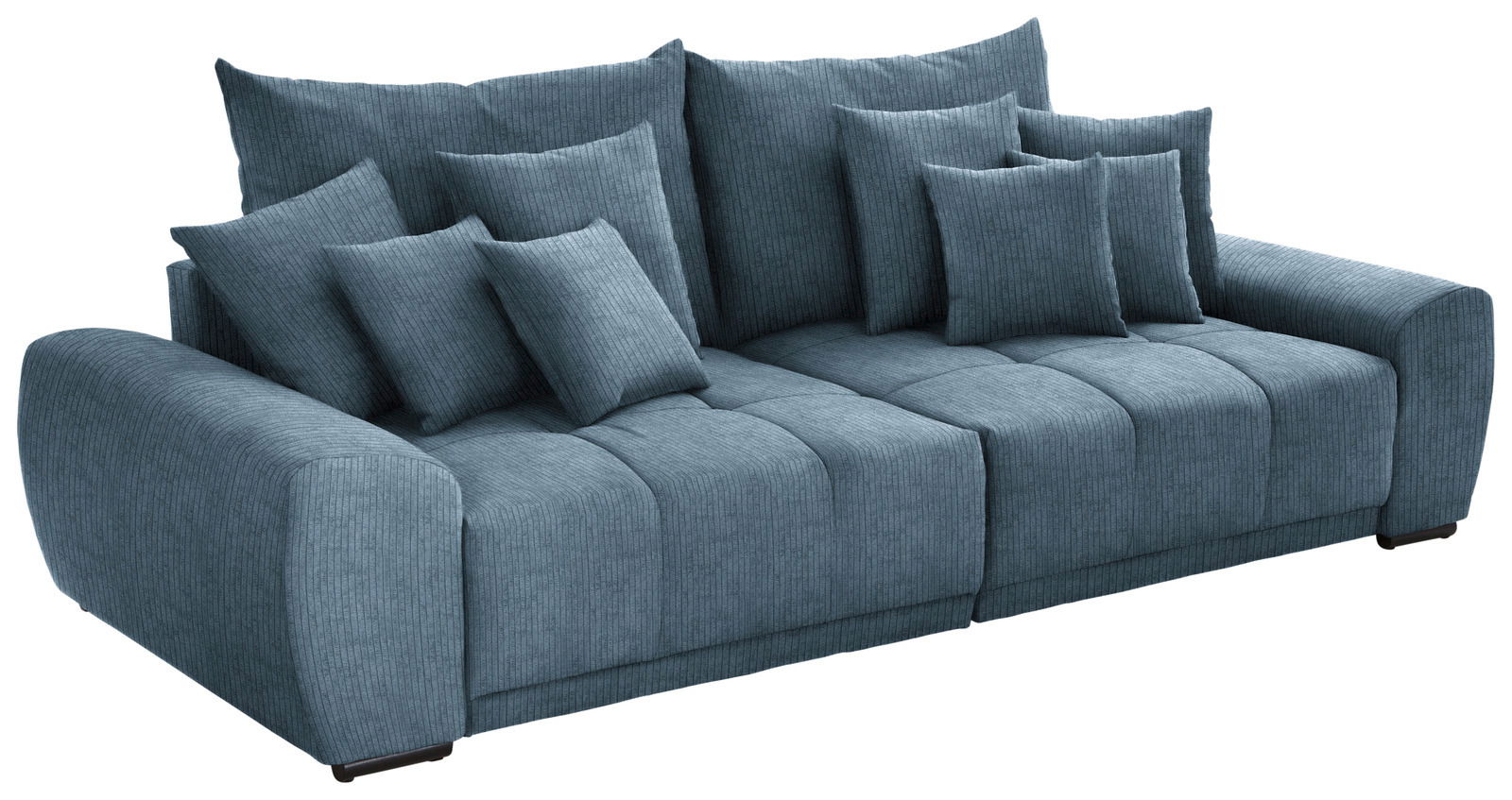 Großes, modernes Big-Sofa in blauer Stoffoptik mit mehreren Kissen, seitliche Perspektive