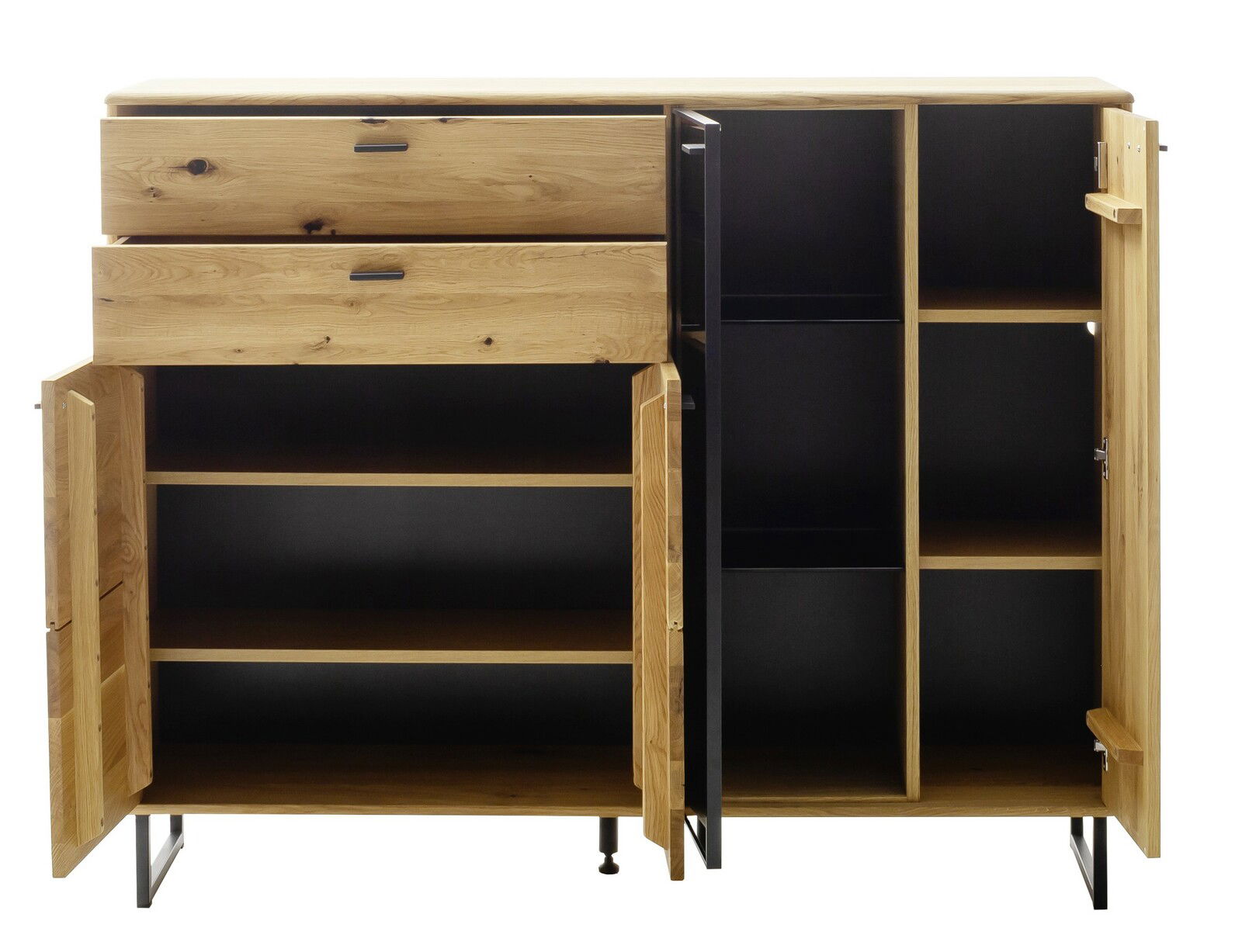 Frontale Ansicht eines Highboards aus Holz mit offenen Türen und Schubladen, zeigt mehrere Fächer zur Aufbewahrung.