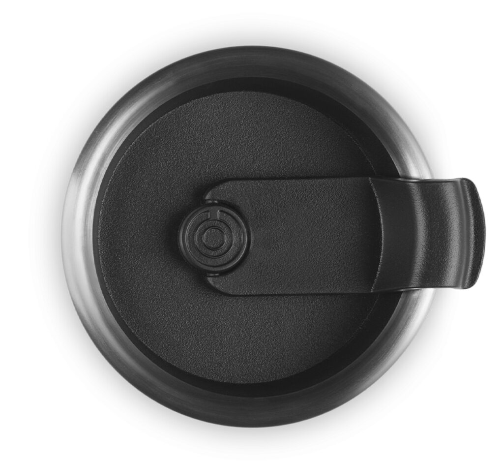 Ansicht von oben auf den Deckel eines Thermobechers, schwarz mit einem Klappverschluss.