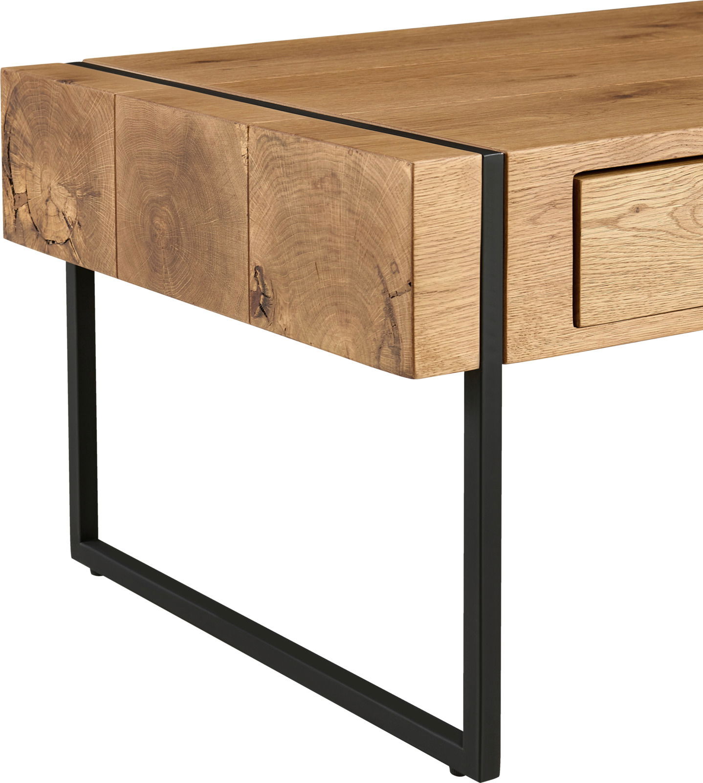 Moderner Couchtisch aus Holz mit Metallrahmen, seitliche Perspektive