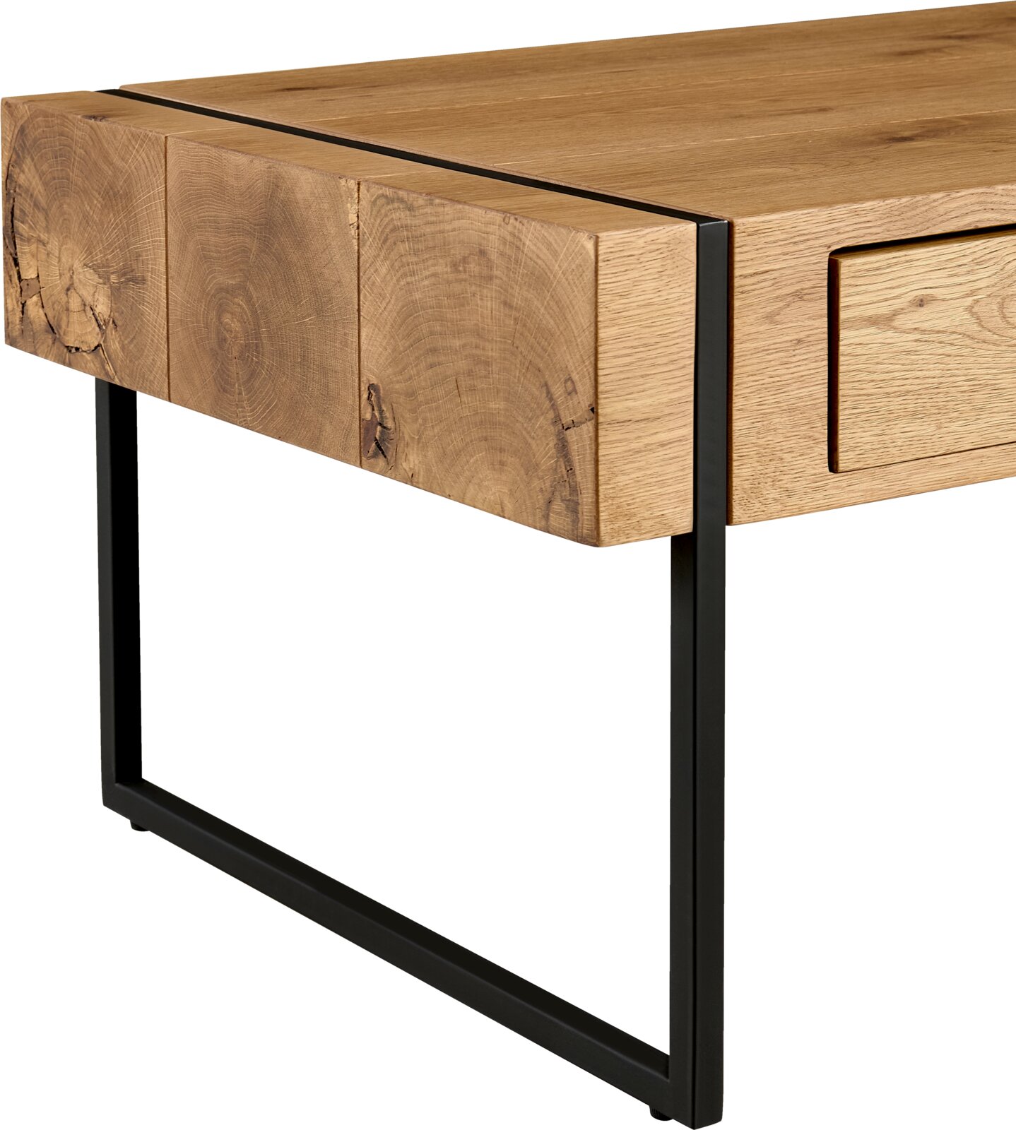 Moderner Couchtisch aus Holz mit Metallrahmen, seitliche Perspektive