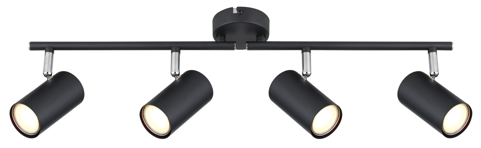 Moderner schwarzer Deckenstrahler mit vier verstellbaren Leuchten, seitliche Perspektive