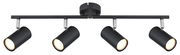 Moderner schwarzer Deckenstrahler mit vier verstellbaren Leuchten, seitliche Perspektive