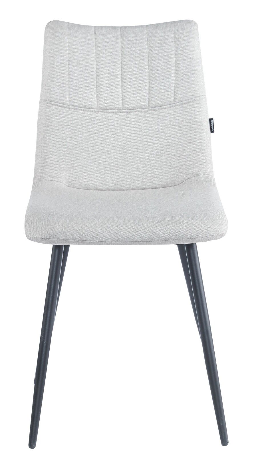 BOXXX Stuhl COURTNEY Moderner Stuhl mit grauem Stoffbezug und schwarzen Metallbeinen, Frontalansicht.