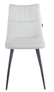 Moderner Stuhl mit grauem Stoffbezug und schwarzen Metallbeinen, Frontalansicht.