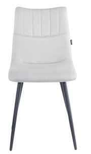 Moderner Stuhl mit grauem Stoffbezug und schwarzen Metallbeinen, Frontalansicht.