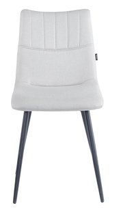 Moderner Stuhl mit grauem Stoffbezug und schwarzen Metallbeinen, Frontalansicht.