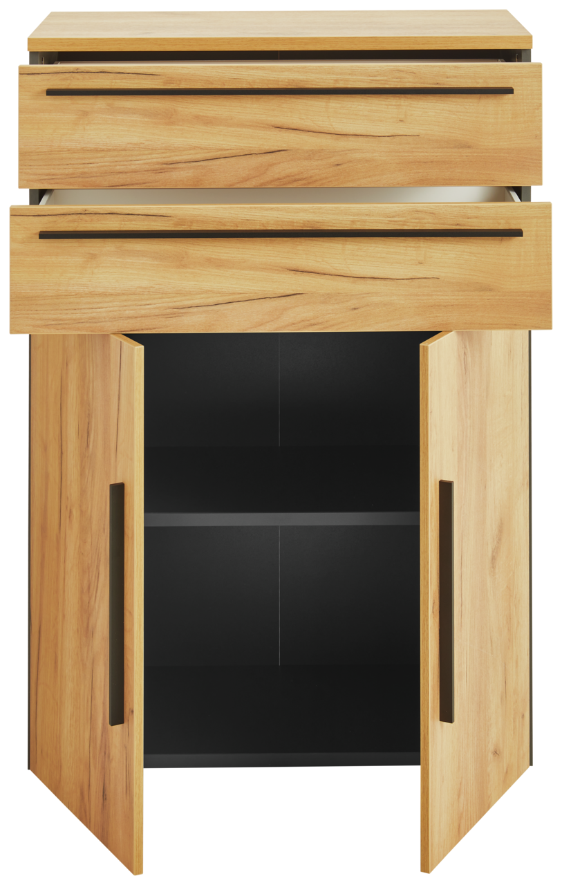 Aktenschrank aus Holz mit zwei offenen Schubladen und zwei geöffneten Türen, Frontalansicht