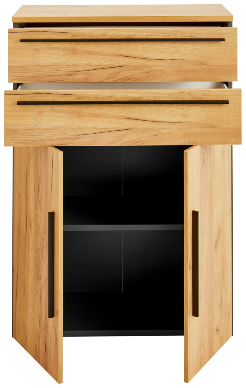 Aktenschrank aus Holz mit zwei offenen Schubladen und zwei geöffneten Türen, Frontalansicht