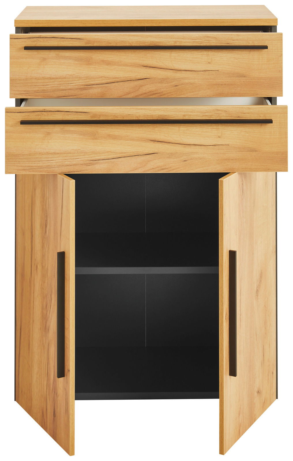 Aktenschrank aus Holz mit zwei offenen Schubladen und zwei geöffneten Türen, Frontalansicht