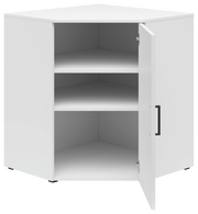 Weiße Eckkommode mit zwei Einlegeböden und geöffneter Tür, perspektivisch von vorne rechts betrachtet.