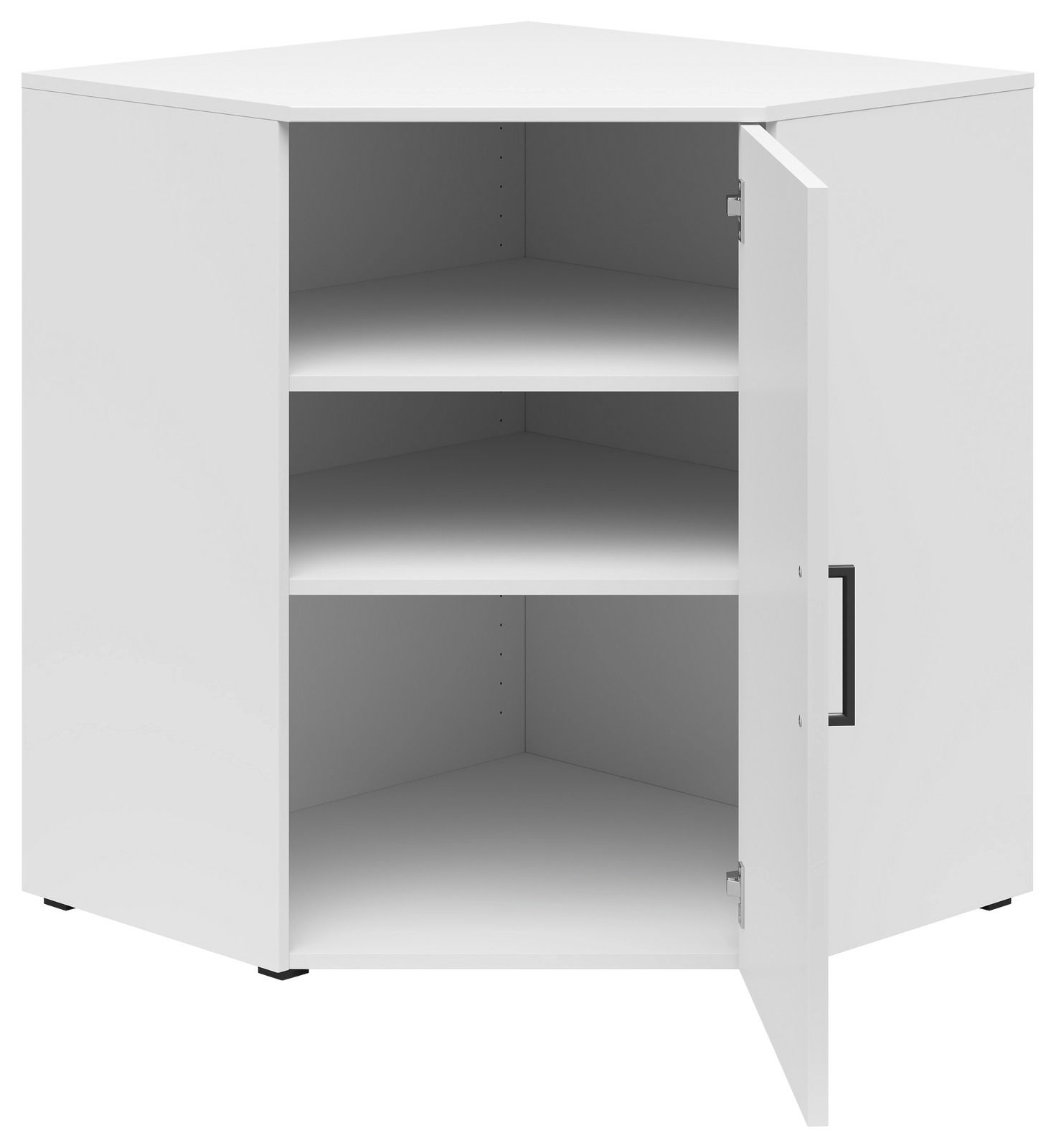 Weiße Eckkommode mit zwei Einlegeböden und geöffneter Tür, perspektivisch von vorne rechts betrachtet.