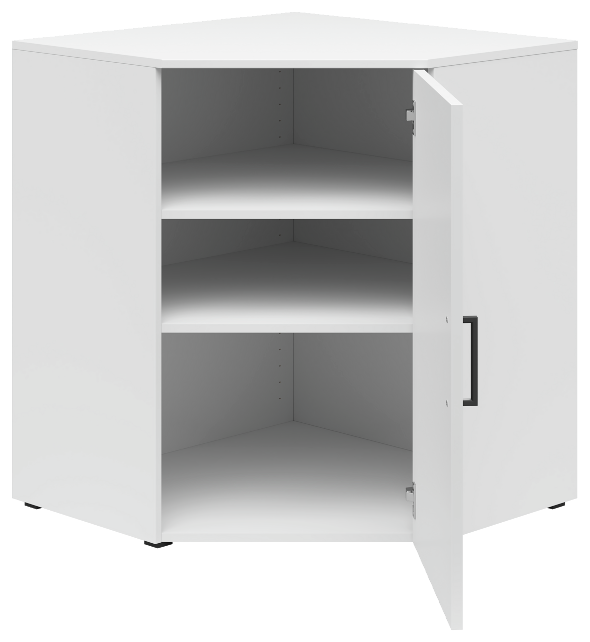 Weiße Eckkommode mit zwei Einlegeböden und geöffneter Tür, perspektivisch von vorne rechts betrachtet.