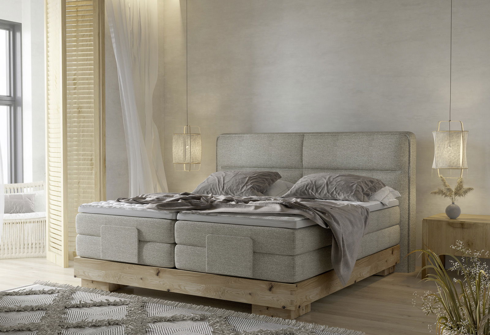 Boxspringbett in einem modernen Schlafzimmer, seitliche Perspektive