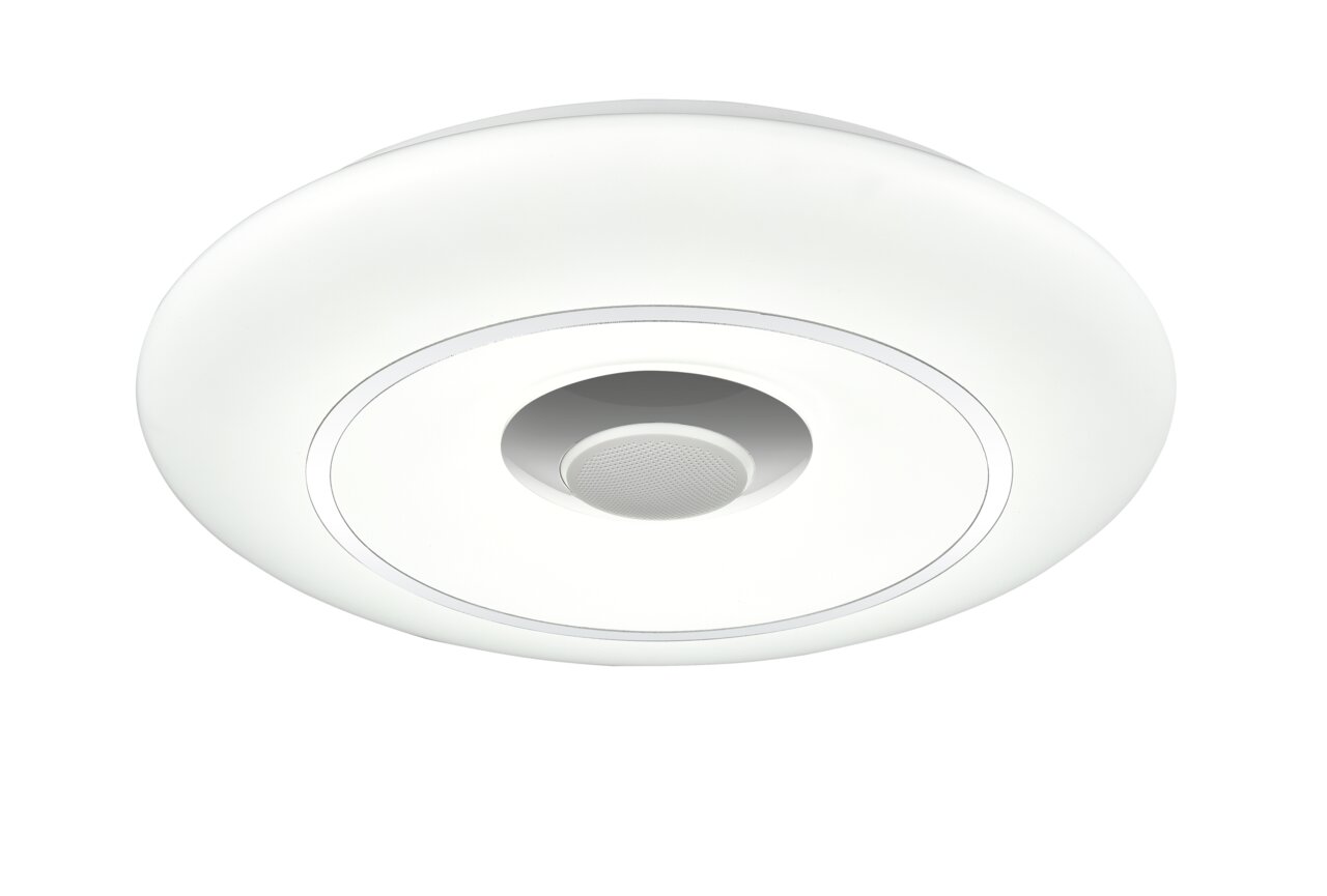 Novel LED-Deckenleuchte Runde LED-Deckenleuchte in Weiß, von unten betrachtet, mit zentralem Lautsprechergitter.