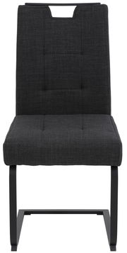 Vorderansicht eines modernen Schwingstuhls mit schwarzem Stoffbezug und Metallgestell.