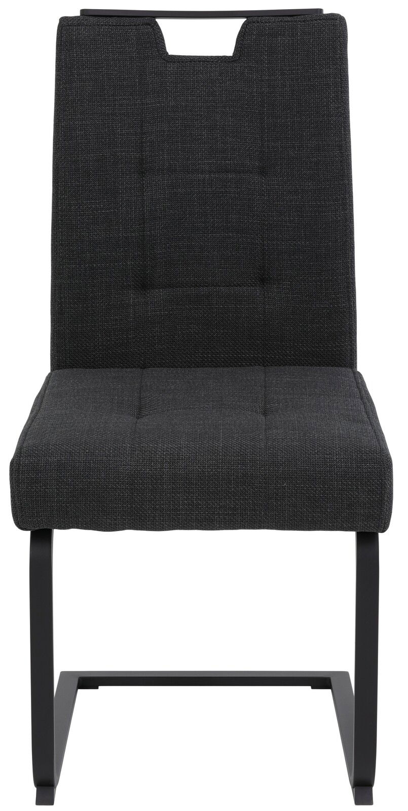 Vorderansicht eines modernen Schwingstuhls mit schwarzem Stoffbezug und Metallgestell.