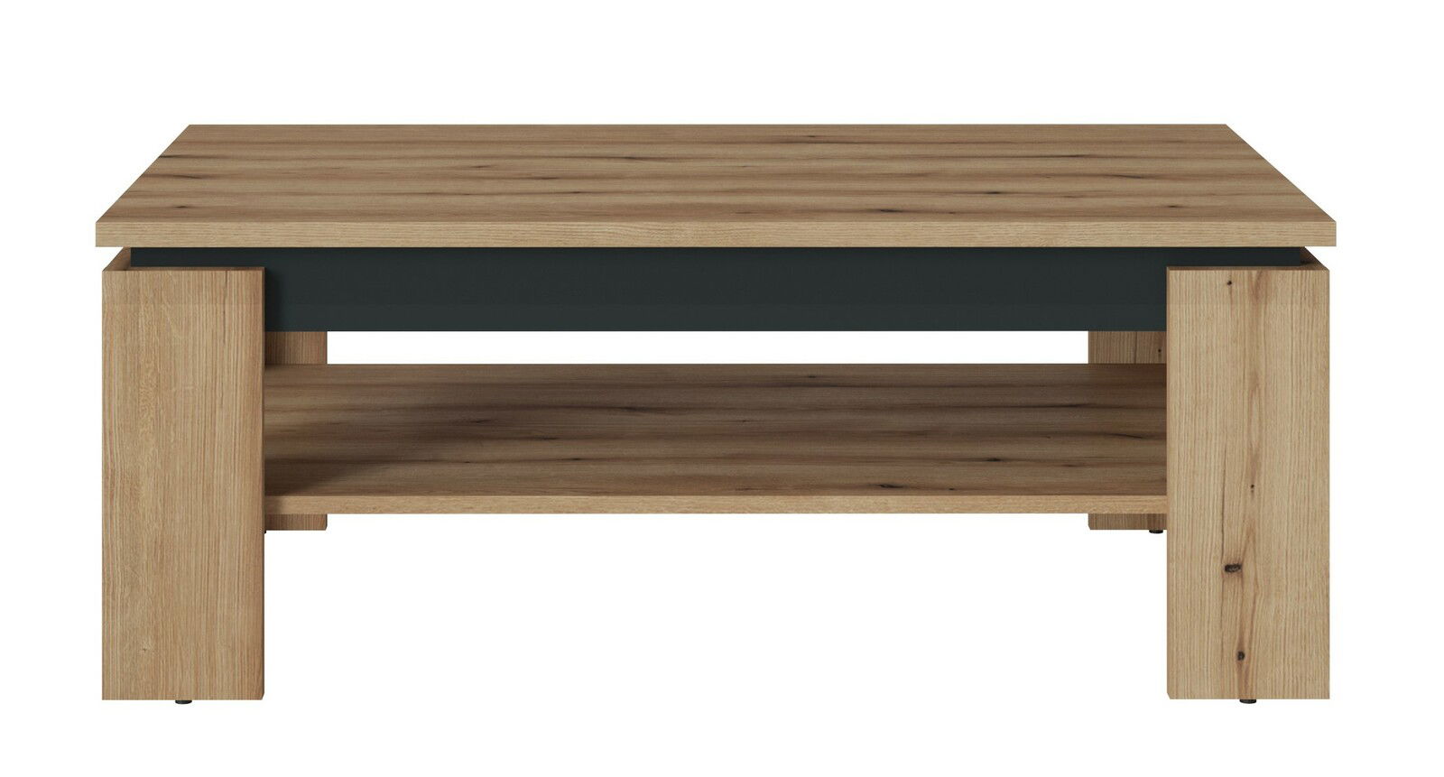 Moderner Couchtisch aus Holz mit dunklem Akzent, frontal betrachtet.