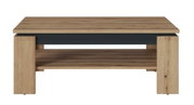 Moderner Couchtisch aus Holz mit dunklem Akzent, frontal betrachtet.