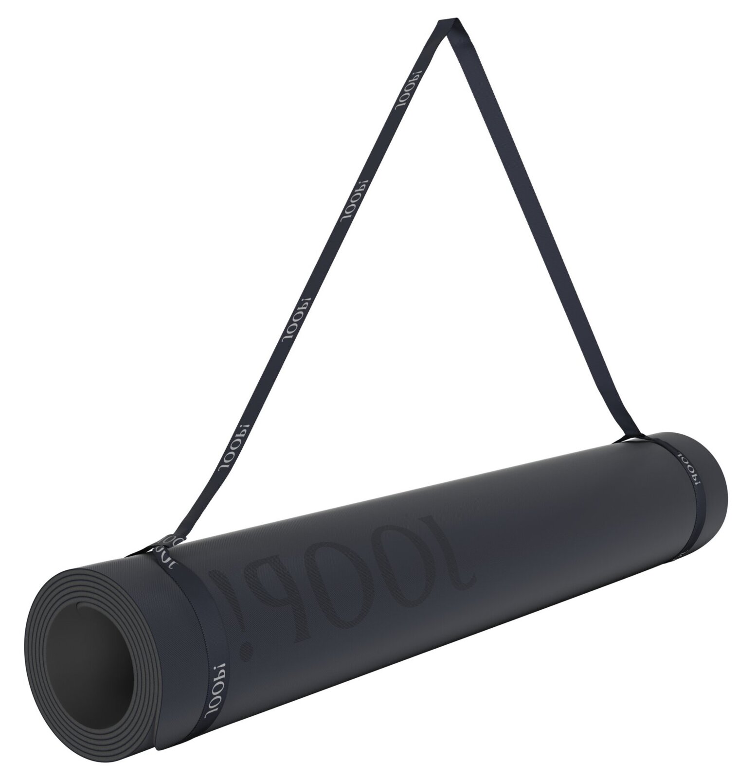 Schwarze Yogamatte, zusammengerollt mit Tragegurt, seitliche Perspektive