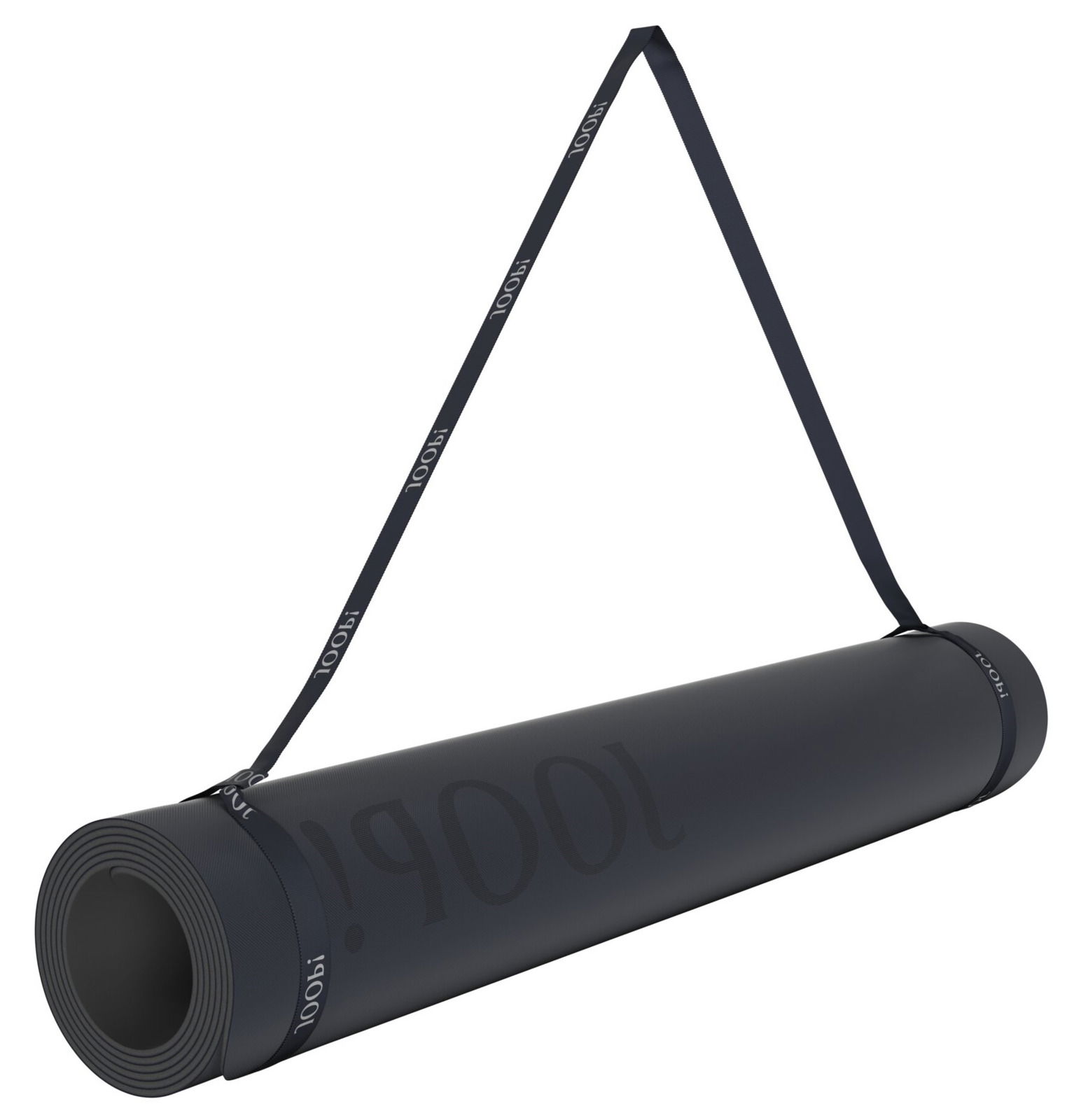 Schwarze Yogamatte, zusammengerollt mit Tragegurt, seitliche Perspektive