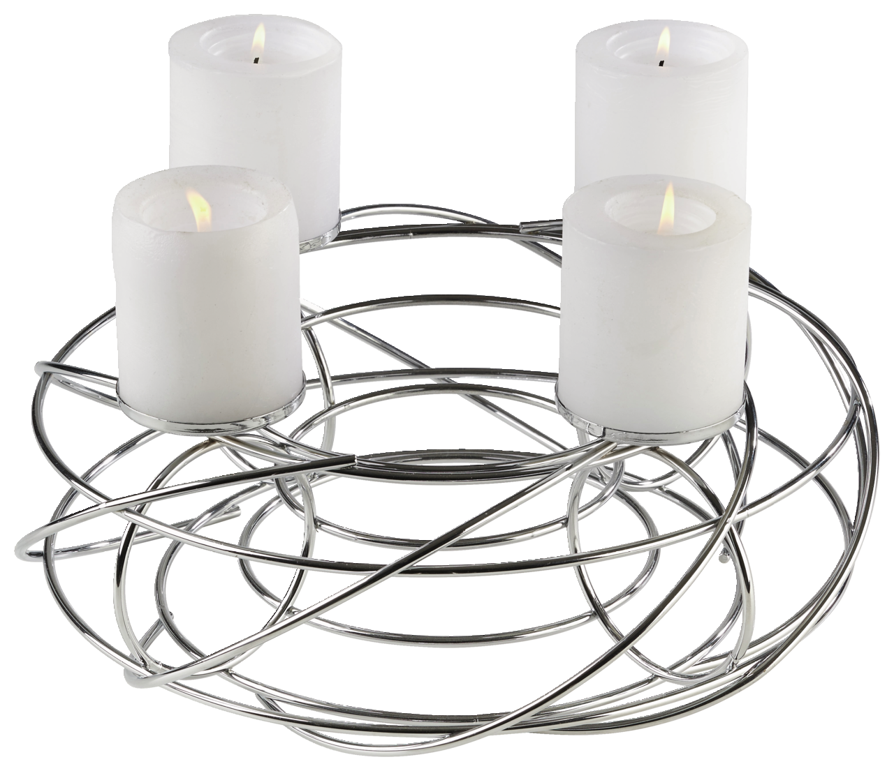 Silberner Dekokranz für 4 Kerzen mit modernen, ineinander verschlungenen Metallringen, seitliche Perspektive